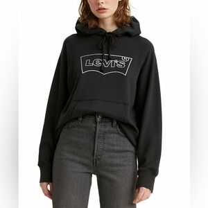 Levi's Fleece Graphic Print Glitter Silver Hoodie Black Loose Fit Pocket size S